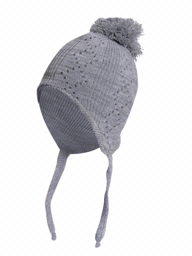 Gorro bebé calado rombos con orejeras y pompón (0-12 meses) Gris Grey