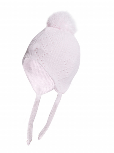 Gorro bebé calado rombos con orejeras y pompón (0-12 meses) Rosa Pink