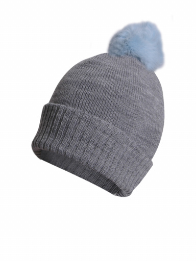 Gorro liso con pompón pelo (1-4 años) Gris-Celeste Grey-Lightblue