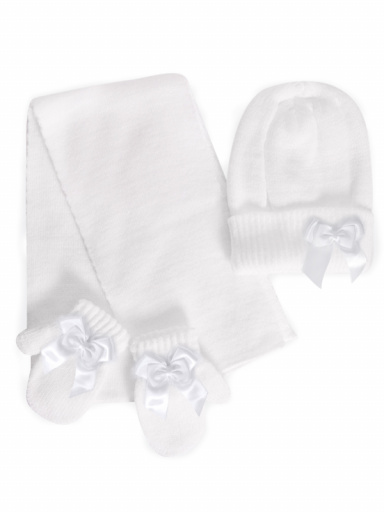 Gorro, bufanda y guantes con lazo doble (1- 2 años) Blanco White