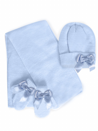 Gorro, bufanda y guantes con lazo doble (1- 2 años) Celeste Lightblue