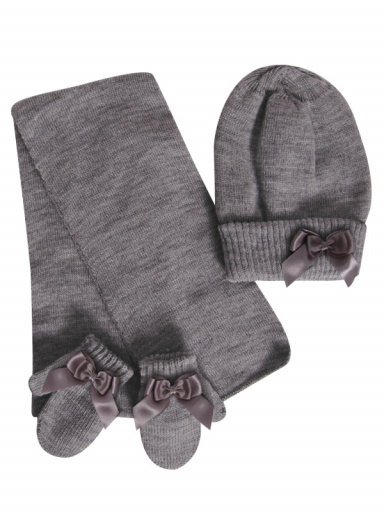 Gorro, bufanda y guantes con lazo doble (1- 2 años) Gris Grey