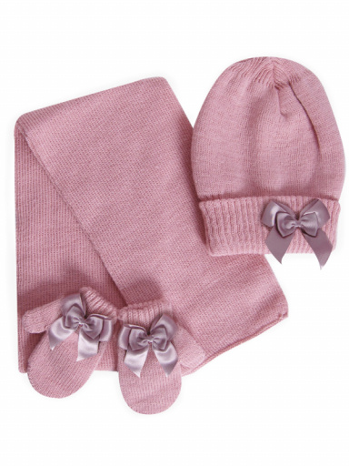 Gorro, bufanda y guantes con lazo doble (1- 2 años) Rosa Palo Rosewood