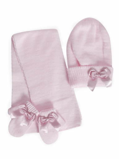 Gorro, bufanda y guantes con lazo doble (1- 2 años) Rosa Pink