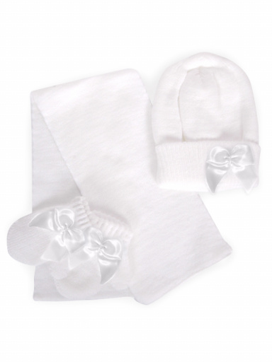 Gorro, bufanda y guantes con lazo con volumen (1-2 años) Blanco White