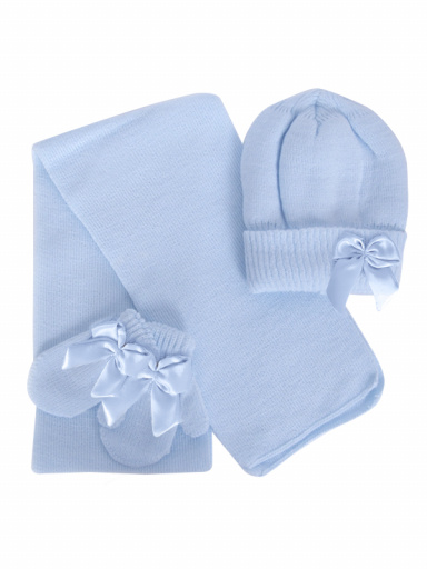 Gorro, bufanda y guantes con lazo con volumen (1-2 años) Celeste Lightblue