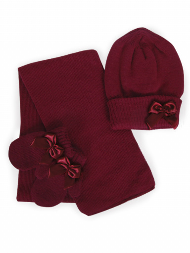 Gorro, bufanda y guantes con lazo con volumen (1-2 años) Granate Maroon