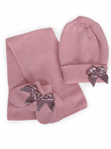 Gorro, bufanda y guantes con lazo con volumen (1-2 años) Rosa Palo Rosewood