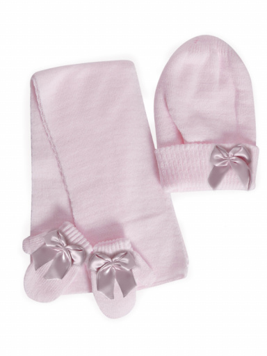 Gorro, bufanda y guantes con lazo con volumen (1-2 años) Rosa Pink