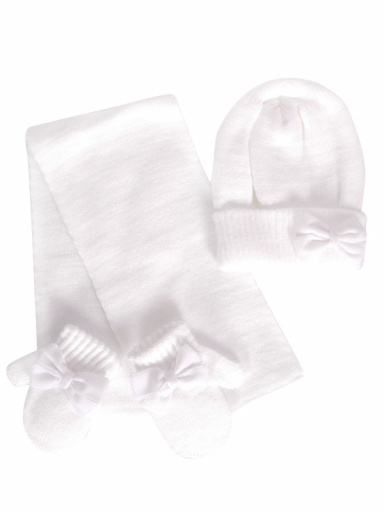 Gorro, bufanda y guantes con lazo de terciopelo (1-2 años) Blanco White