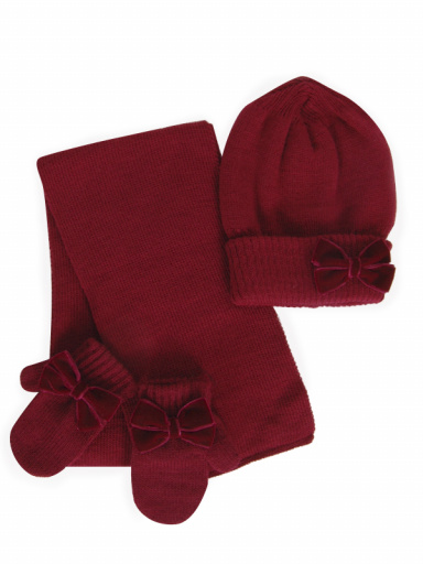 Gorro, bufanda y guantes con lazo de terciopelo (1-2 años) Granate Maroon