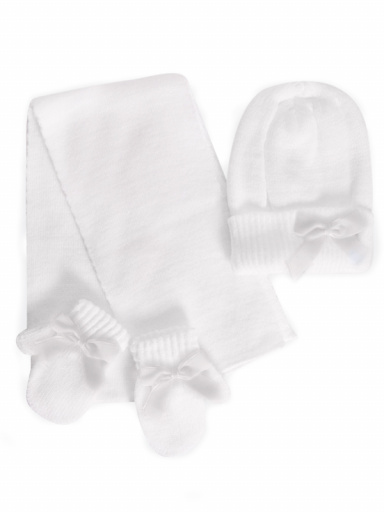Gorro, bufanda y guantes con lazo de terciopelo largo (1-2 años) Blanco White