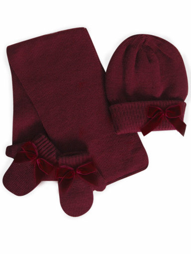 Gorro, bufanda y guantes con lazo de terciopelo largo (1-2 años) Granate Maroon