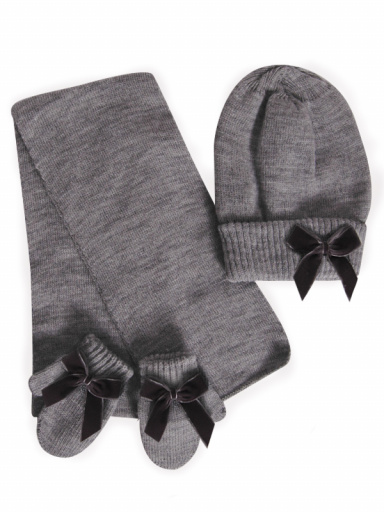 Gorro, bufanda y guantes con lazo de terciopelo largo (1-2 años) Gris Grey