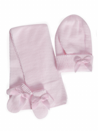 Gorro, bufanda y guantes con lazo de terciopelo largo (1-2 años) Rosa Pink