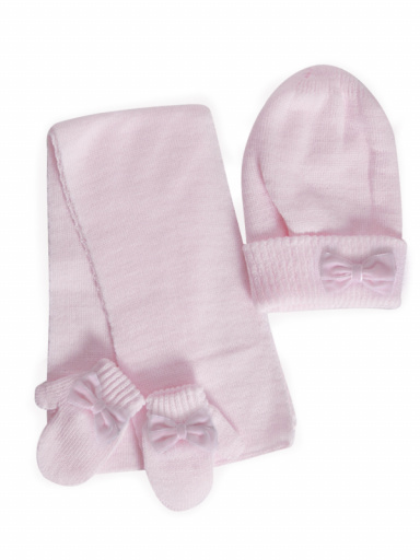 Gorro, bufanda y guantes con lazo de terciopelo (1-2 años) Rosa Pink