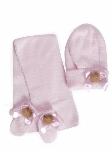 Gorro, bufanda y guantes con lazo y pompón (1-2 años) Rosa Pink