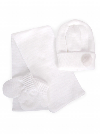 Gorro con bufanda y guantes con pompón (1-2 años) Blanco White