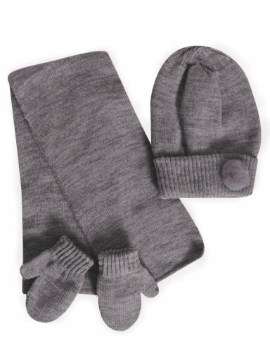 Gorro con bufanda y guantes con pompón (1-2 años) Gris Grey
