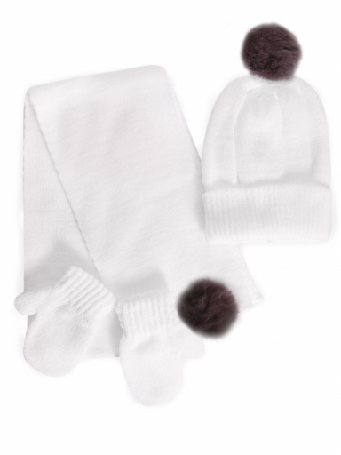 Gorro, bufanda y guantes con pompón de pelo (1-2 años) Blanco White