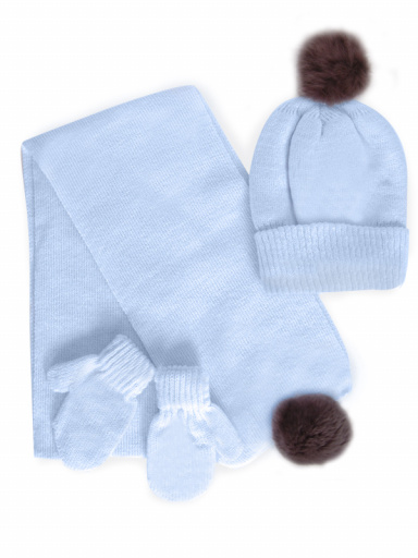 Gorro, bufanda y guantes con pompón de pelo (1-2 años) Celeste Lightblue