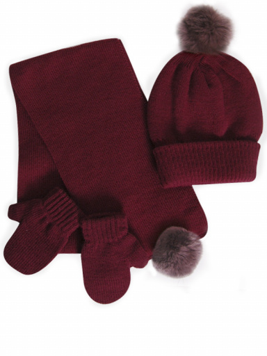 Gorro, bufanda y guantes con pompón de pelo (1-2 años) Granate Maroon