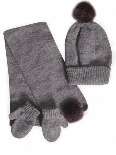Gorro, bufanda y guantes con pompón de pelo (1-2 años) Gris Grey