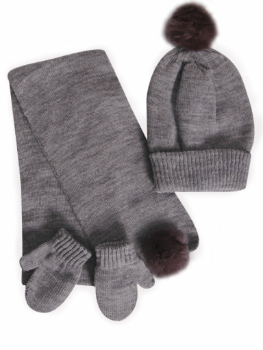 Gorro, bufanda y guantes con pompón de pelo (1-2 años) Gris Grey
