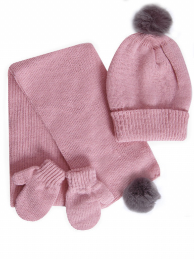 Gorro, bufanda y guantes con pompón de pelo (1-2 años) Rosa Palo Rosewood