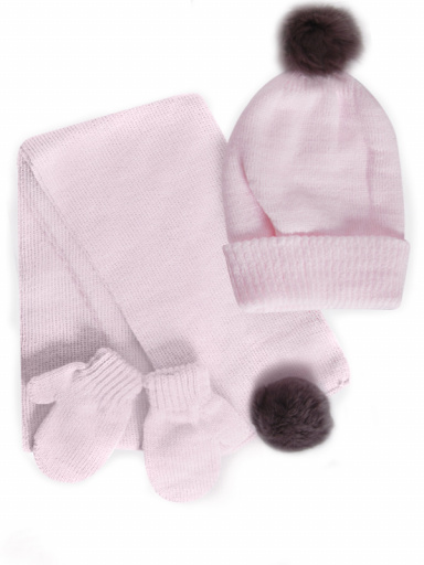 Gorro, bufanda y guantes con pompón de pelo (1-2 años) Rosa Pink