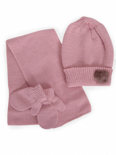 Gorro con bufanda y guantes con pompón (1-2 años) Rosa Palo Rosewood