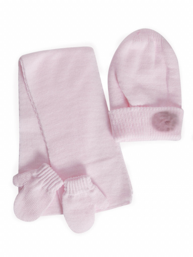 Gorro con bufanda y guantes con pompón (1-2 años) Rosa Pink
