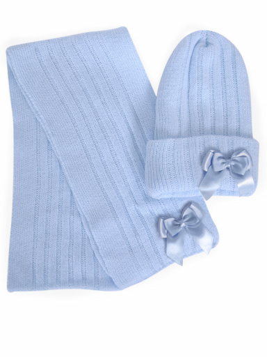 Gorro y bufanda canalé con lazo doble (3-8 años) Celeste Lightblue