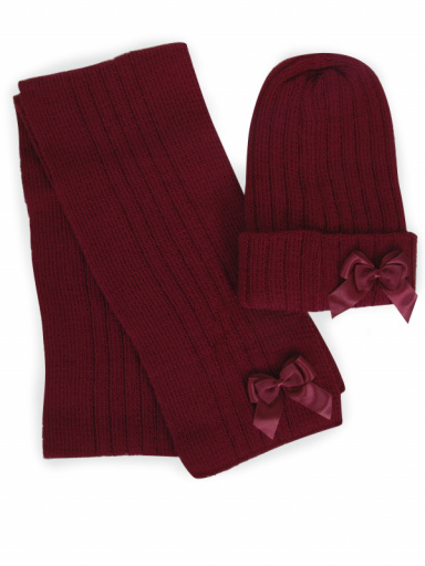 Gorro y bufanda canalé con lazo doble (3-8 años) Granate Maroon