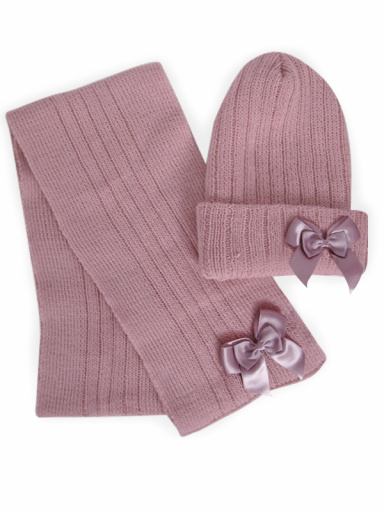 Gorro y bufanda canalé con lazo doble (3-8 años) Rosa Palo Rosewood