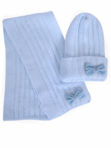 Gorro y bufanda canalé con lazo de terciopelo (3-8 años) Celeste Lightblue