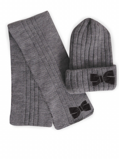 Gorro y bufanda canalé con lazo de terciopelo (3-8 años) Gris Grey