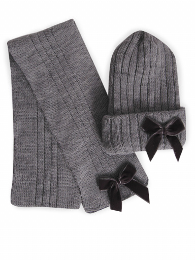 Gorro y bufanda canalé con lazo de terciopelo largo (3-8 años) Gris Grey