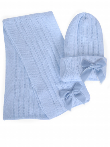 Gorro y bufanda canalé con lazo de terciopelo largo (3-8 años) Celeste Lightblue