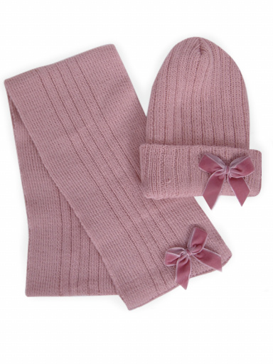 Gorro y bufanda canalé con lazo de terciopelo largo (3-8 años) Rosa Palo Rosewood