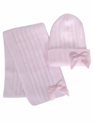 Gorro y bufanda canalé con lazo de terciopelo largo (3-8 años) Rosa Pink