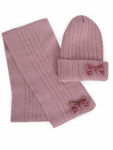 Gorro y bufanda canalé con lazo de terciopelo (3-8 años) Rosa Palo Rosewood