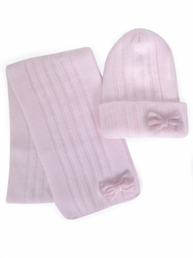 Gorro y bufanda canalé con lazo de terciopelo (3-8 años) Rosa Pink