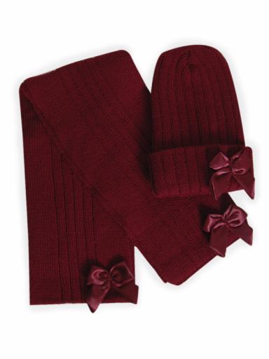 Gorro y bufanda canalé con lazo raso con volumen (3-8 años) Granate Maroon