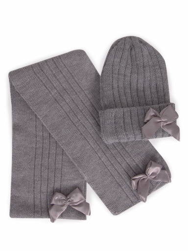 Gorro y bufanda canalé con lazo raso con volumen (3-8 años) Gris Grey