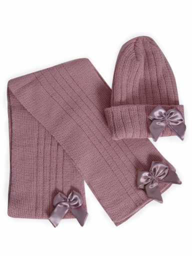 Gorro y bufanda canalé con lazo raso con volumen (3-8 años) Rosa Palo Rosewood