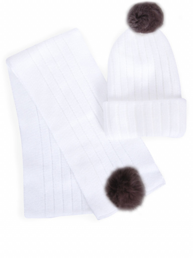 Gorro y bufanda canalé con pompón de pelo (3-8 años) Blanco White