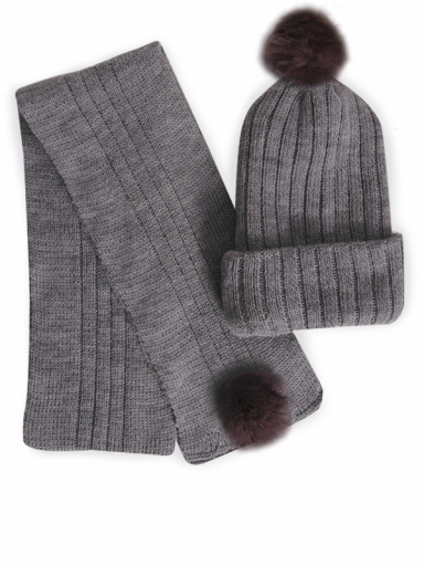 Gorro y bufanda canalé con pompón de pelo (3-8 años) Gris Grey