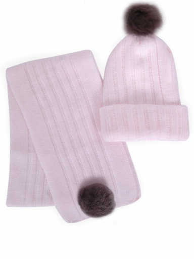 Gorro y bufanda canalé con pompón de pelo (3-8 años) Rosa Pink