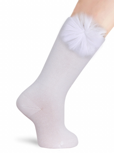 Calcetines Altos Lisos con flor de tul Blanco White